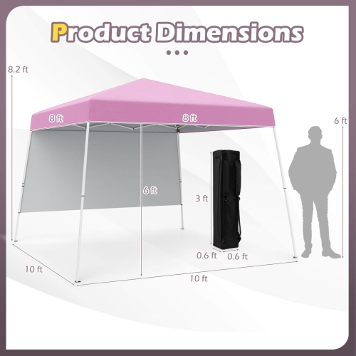 Tente escamotable de 10 x 10 pi avec 1 flancs, sac à dos portatif, 4 piquets à pattes inclinées Bleu/Blanc/Pinl/Gris de Costway