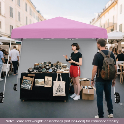 Tente escamotable de 10 x 10 pi avec 1 flancs, sac à dos portatif, 4 piquets à pattes inclinées Bleu/Blanc/Pinl/Gris de Costway