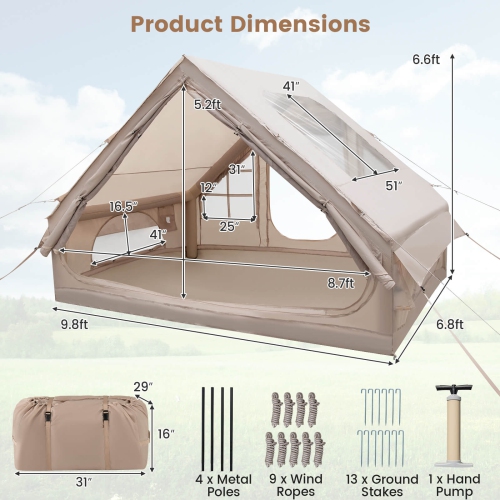 Costway Inflatable Camping Tent 4-6 People Waterproof Blow-up Air Tent with Porch, Pump