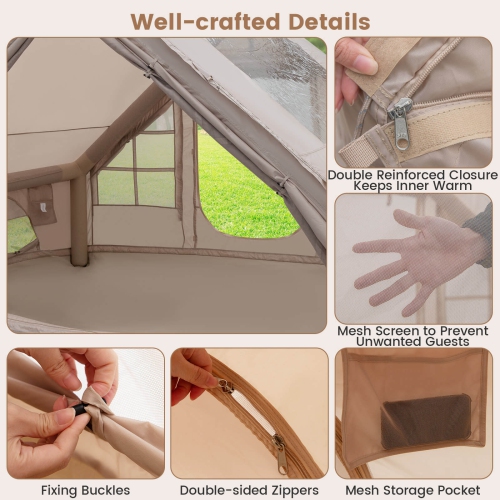 Costway Inflatable Camping Tent 4-6 People Waterproof Blow-up Air Tent with Porch, Pump