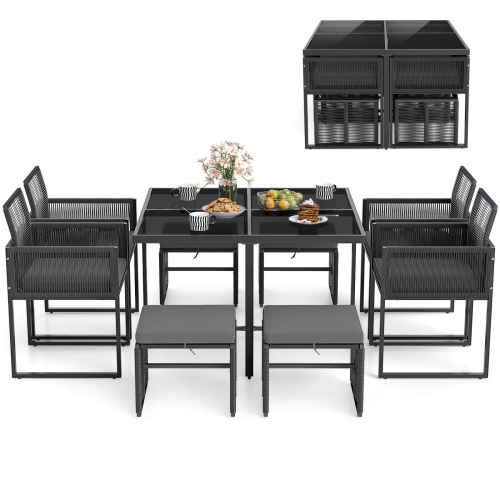 Costway 9 PCS Patio Dining Set with PE Rattan Chairs Tempered Glass Table and Ottomans