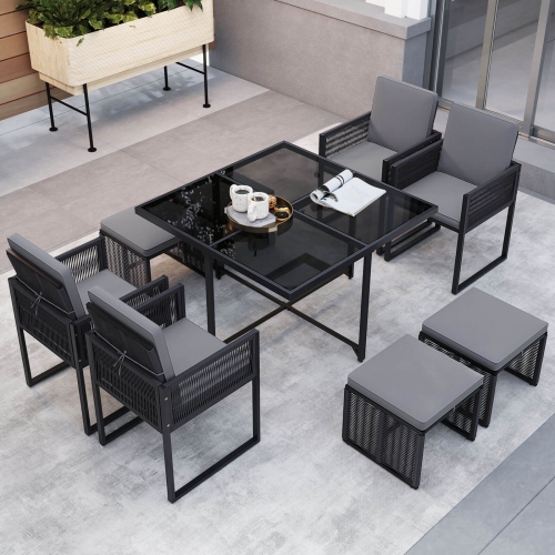 Costway 9 PCS Patio Dining Set with PE Rattan Chairs Tempered Glass Table and Ottomans
