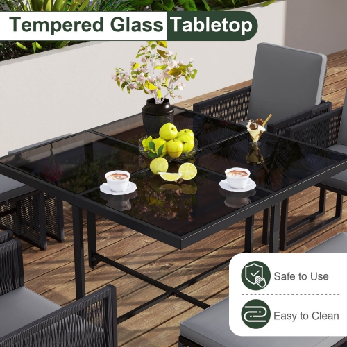 Costway 9 PCS Patio Dining Set with PE Rattan Chairs Tempered Glass Table and Ottomans
