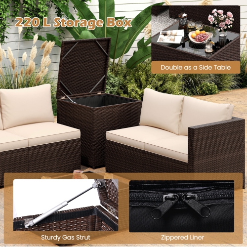 Costway 8 PCS Patio Furniture Set with Storage Box & Tempered Glass Coffee Table Beige