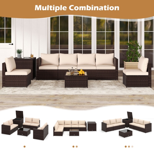 Costway 8 PCS Patio Furniture Set with Storage Box & Tempered Glass Coffee Table Beige