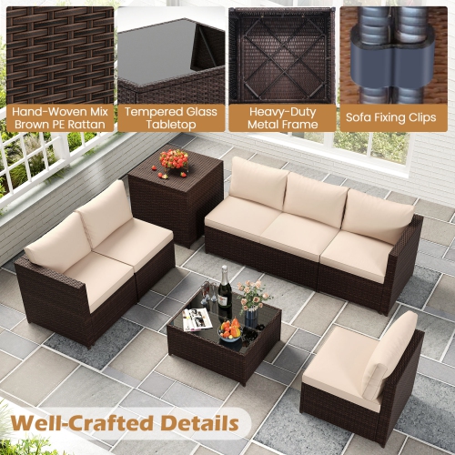 Costway 8 PCS Patio Furniture Set with Storage Box & Tempered Glass Coffee Table Beige