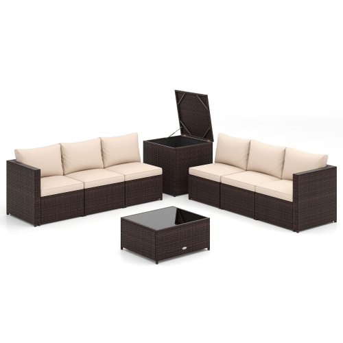 Costway 8 PCS Patio Furniture Set with Storage Box & Tempered Glass Coffee Table Beige