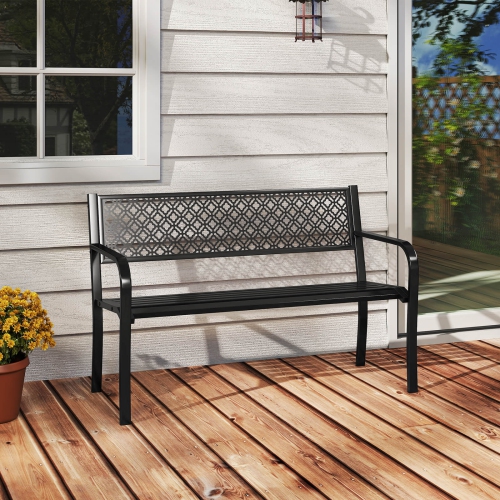 Costway 50" Outdoor Garden Bench with Geometric Lattice Backrest Armrests and Slatted Seat Black/Gray