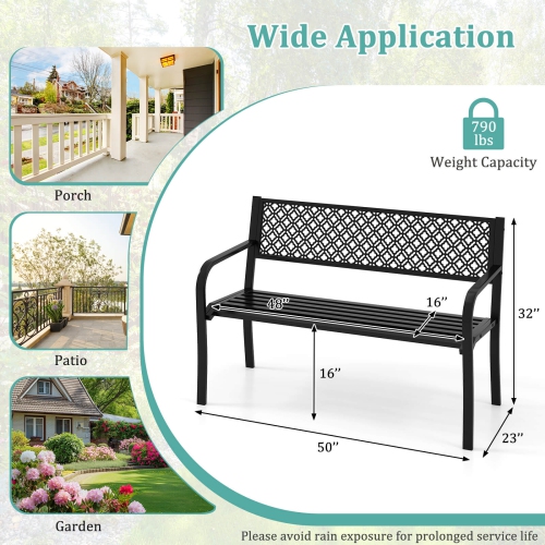 Costway 50" Outdoor Garden Bench with Geometric Lattice Backrest Armrests and Slatted Seat Black/Gray