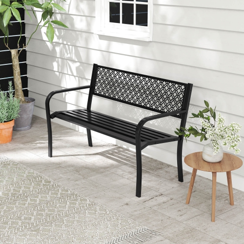 Costway 50" Outdoor Garden Bench with Geometric Lattice Backrest Armrests and Slatted Seat Black/Gray