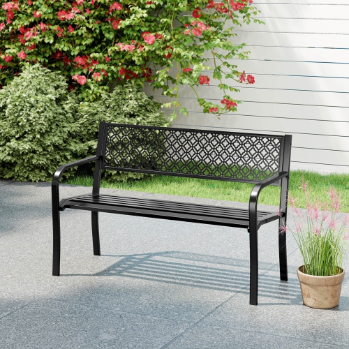 Costway 50" Outdoor Garden Bench with Geometric Lattice Backrest Armrests and Slatted Seat Black/Gray