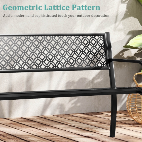 Costway 50" Outdoor Garden Bench with Geometric Lattice Backrest Armrests and Slatted Seat Black/Gray