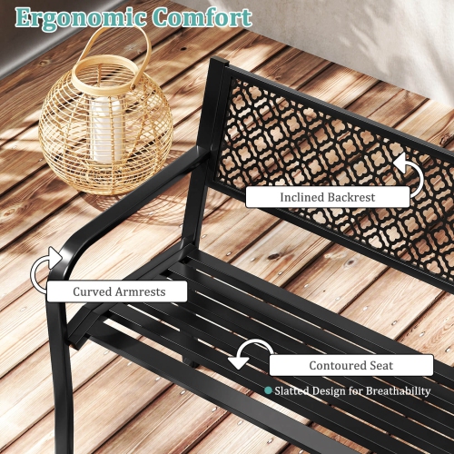 Costway 50" Outdoor Garden Bench with Geometric Lattice Backrest Armrests and Slatted Seat Black/Gray