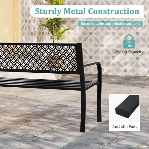 Costway 50" Outdoor Garden Bench with Geometric Lattice Backrest Armrests and Slatted Seat Black/Gray