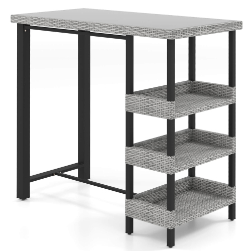 Costway 43.5" Outdoor Bar Table with Tempered Glass Top & 3 Rattan Shelves Storage