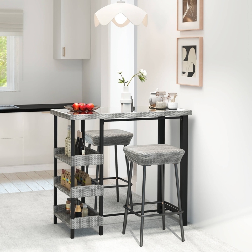 Costway 43.5" Outdoor Bar Table with Tempered Glass Top & 3 Rattan Shelves Storage