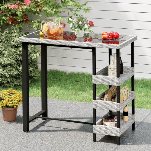 Costway 43.5" Outdoor Bar Table with Tempered Glass Top & 3 Rattan Shelves Storage