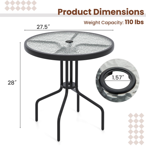 Costway 27.5" Patio Bistro Table with Tempered Glass Tabletop 1.57" Umbrella Hole