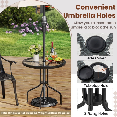 Costway 27.5" Patio Bistro Table with Tempered Glass Tabletop 1.57" Umbrella Hole