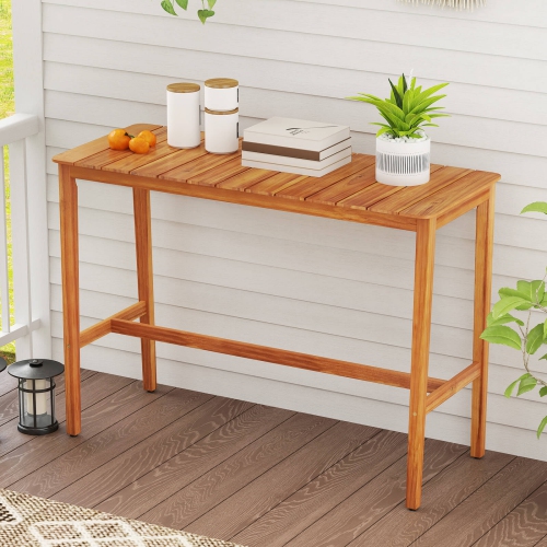 Costway 54" x 22" Acacia Wood Counter Height Table with Slatted Tabletop Footrest Crossbar