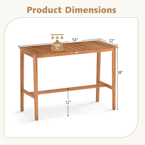 Costway 54" x 22" Acacia Wood Counter Height Table with Slatted Tabletop Footrest Crossbar