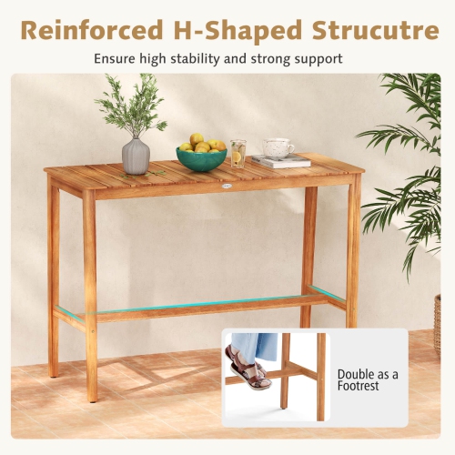 Costway 54" x 22" Acacia Wood Counter Height Table with Slatted Tabletop Footrest Crossbar