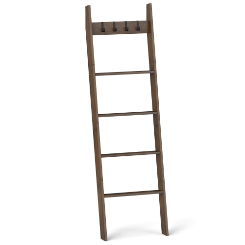 Costway Bamboo Blanket Ladder 5-Tier Ladder Shelf with 4 Removable Hooks Blanket Holder