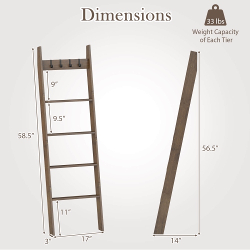 Costway Bamboo Blanket Ladder 5-Tier Ladder Shelf with 4 Removable Hooks Blanket Holder