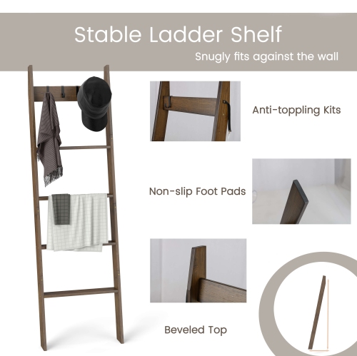 Costway Bamboo Blanket Ladder 5-Tier Ladder Shelf with 4 Removable Hooks Blanket Holder