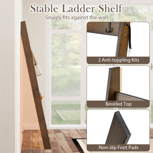 Costway Bamboo Blanket Ladder 5-Tier Ladder Shelf with 4 Removable Hooks Blanket Holder