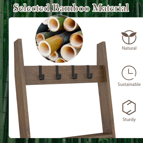 Costway Bamboo Blanket Ladder 5-Tier Ladder Shelf with 4 Removable Hooks Blanket Holder