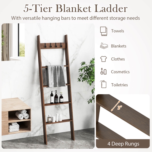 Costway Bamboo Blanket Ladder 5-Tier Ladder Shelf with 4 Removable Hooks Blanket Holder