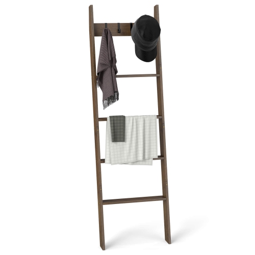 Costway Bamboo Blanket Ladder 5-Tier Ladder Shelf with 4 Removable Hooks Blanket Holder