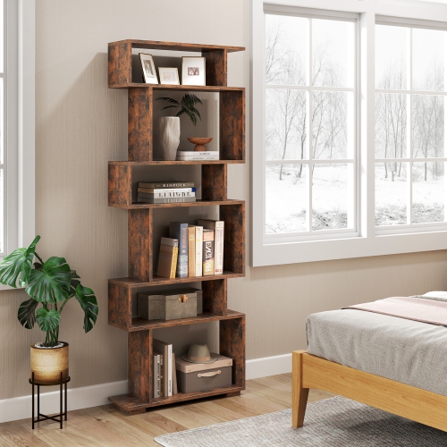 Costway 6-tier Storage Bookshelf S-shaped Geometric Bookcase with Anti-toppling Kits Brown/Black/White/Walnut