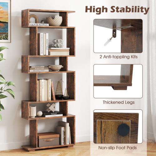 Costway 6-tier Storage Bookshelf S-shaped Geometric Bookcase with Anti-toppling Kits Brown/Black/White/Walnut