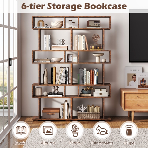 Costway 6-tier Storage Bookshelf S-shaped Geometric Bookcase with Anti-toppling Kits Brown/Black/White/Walnut