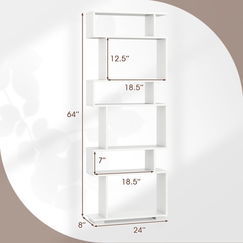 Costway 6-tier Storage Bookshelf S-shaped Geometric Bookcase with Anti-toppling Kits Brown/Black/White/Walnut