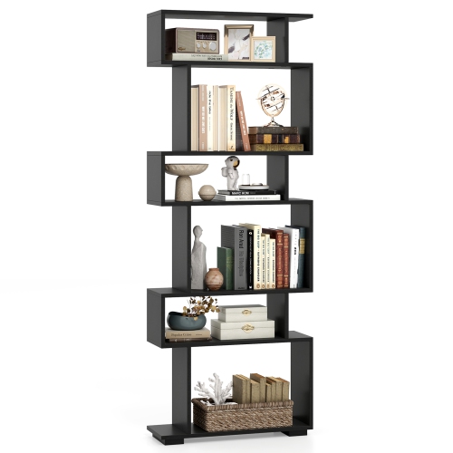 Costway 6-tier Storage Bookshelf S-shaped Geometric Bookcase with Anti-toppling Kits Brown/Black/White/Walnut