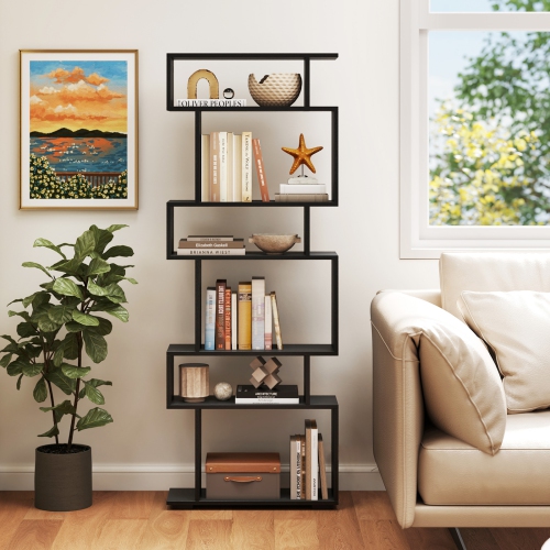 Costway 6-tier Storage Bookshelf S-shaped Geometric Bookcase with Anti-toppling Kits Brown/Black/White/Walnut