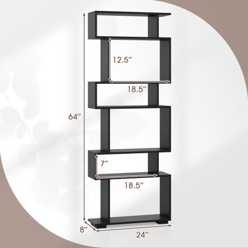 Costway 6-tier Storage Bookshelf S-shaped Geometric Bookcase with Anti-toppling Kits Brown/Black/White/Walnut