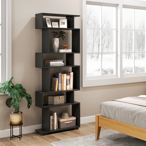 Costway 6-tier Storage Bookshelf S-shaped Geometric Bookcase with Anti-toppling Kits Brown/Black/White/Walnut