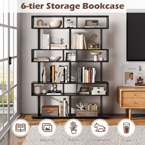 Costway 6-tier Storage Bookshelf S-shaped Geometric Bookcase with Anti-toppling Kits Brown/Black/White/Walnut