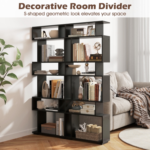 Costway 6-tier Storage Bookshelf S-shaped Geometric Bookcase with Anti-toppling Kits Brown/Black/White/Walnut