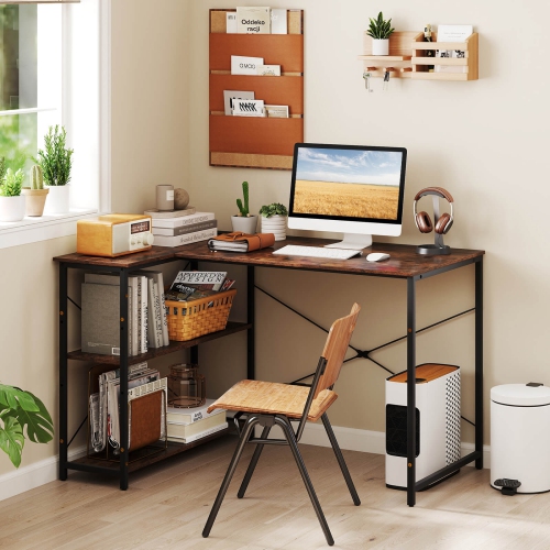 Costway L-Shaped Computer Desk with Power Outlets Adjustable shelf Heavy-Duty Metal Frame Brown/White/Black
