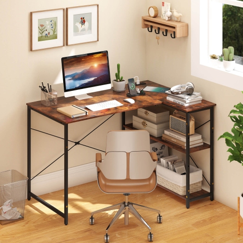 Costway L-Shaped Computer Desk with Power Outlets Adjustable shelf Heavy-Duty Metal Frame Brown/White/Black