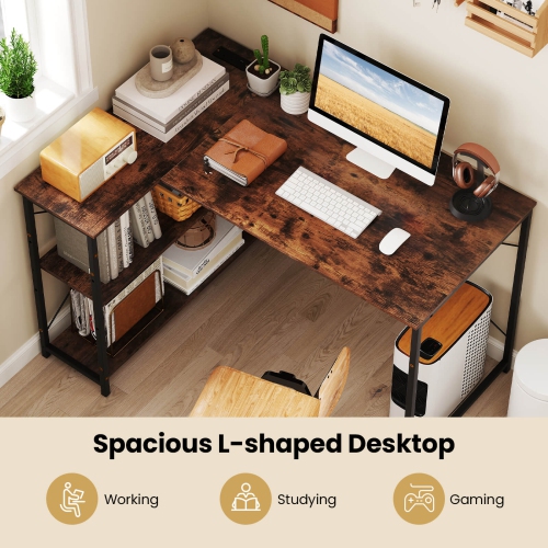 Costway L-Shaped Computer Desk with Power Outlets Adjustable shelf Heavy-Duty Metal Frame Brown/White/Black
