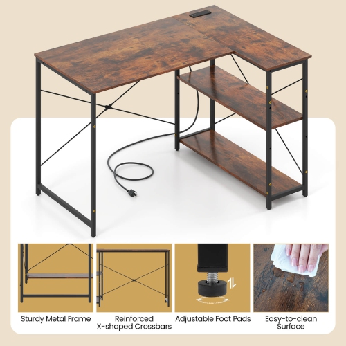 Costway L-Shaped Computer Desk with Power Outlets Adjustable shelf Heavy-Duty Metal Frame Brown/White/Black