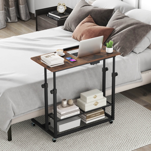 Costway Mobile Stand up Desk with Tilting Tabletop Storage Shelves Wheels for Living Room Gray/Brown