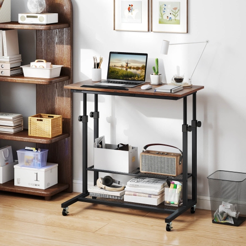 Costway Mobile Stand up Desk with Tilting Tabletop Storage Shelves Wheels for Living Room Gray/Brown