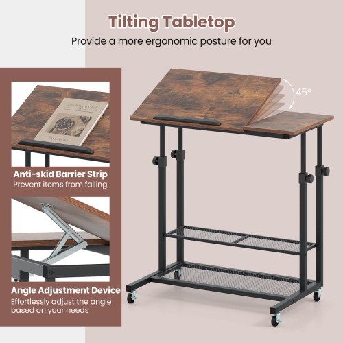 Costway Mobile Stand up Desk with Tilting Tabletop Storage Shelves Wheels for Living Room Gray/Brown